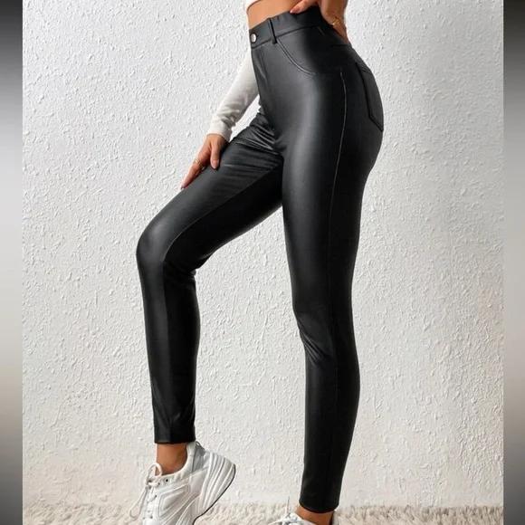 Black vegan leather jeggings skinny pants high waisted - Picture 3 of 5